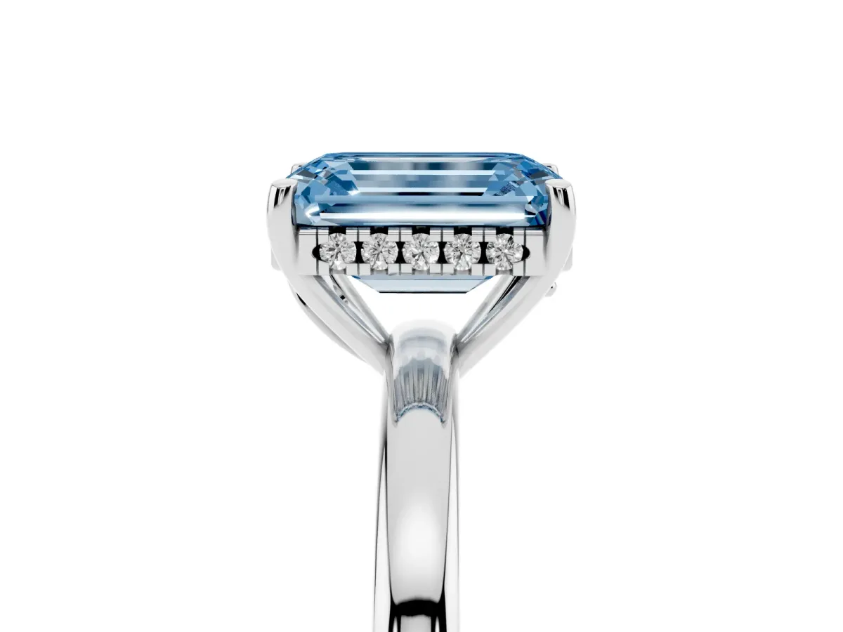 Fancy Blue Emerald Cut Solitaire Diamond Ring with Prong Setting and Plain Band Silver
