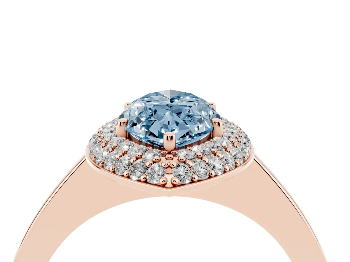 Fancy Blue Marquise Cut Halo Diamond Engagement Ring with Solitaire Band and Four-Prong Setting Rose gold