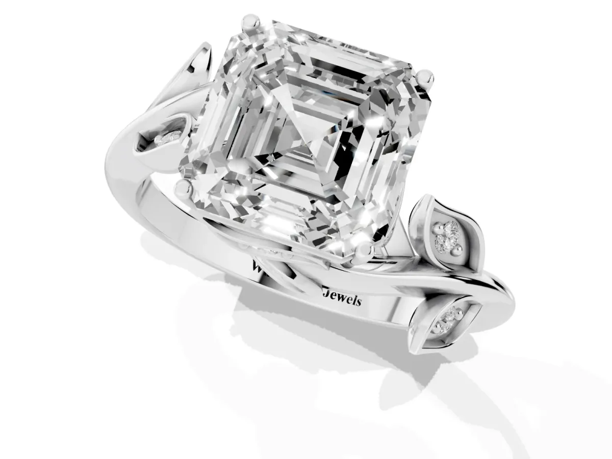 Asscher Cut Solitaire Twist Engagement Ring with Leaf Accents and Prong Setting Silver