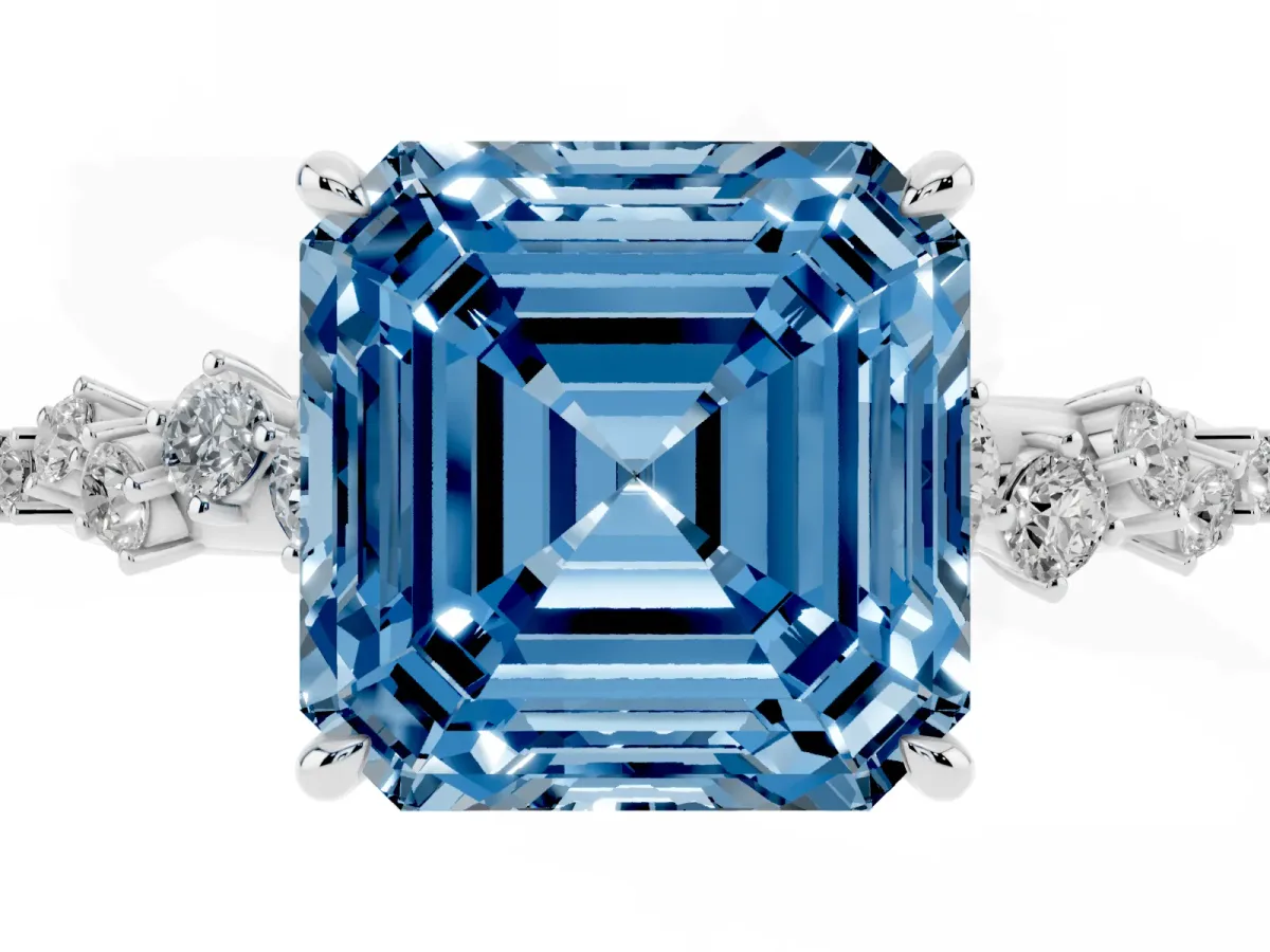 Fancy Blue Asscher Cut Diamond Cluster Side Stone Solitaire Ring with Prong Setting Silver