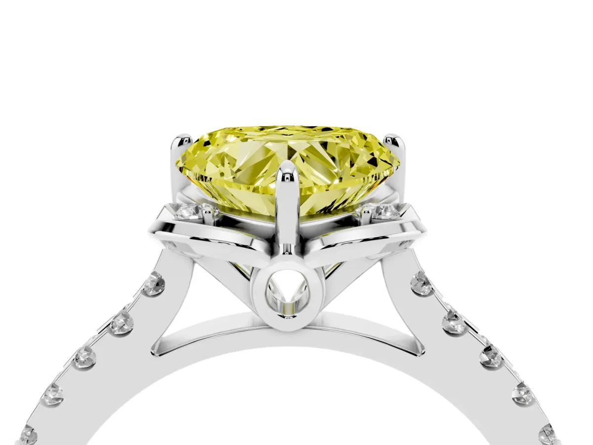 Fancy Yellow Heart Cut Diamond Ring with Pavé Band and Floral Prong Setting Silver