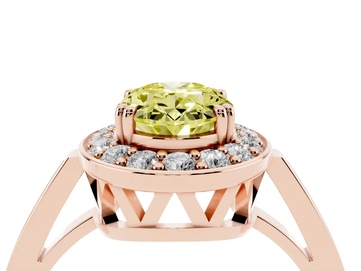Fancy Yellow Oval Cut Diamond Halo Ring with Split Shank and Four-Prong Setting Rose gold