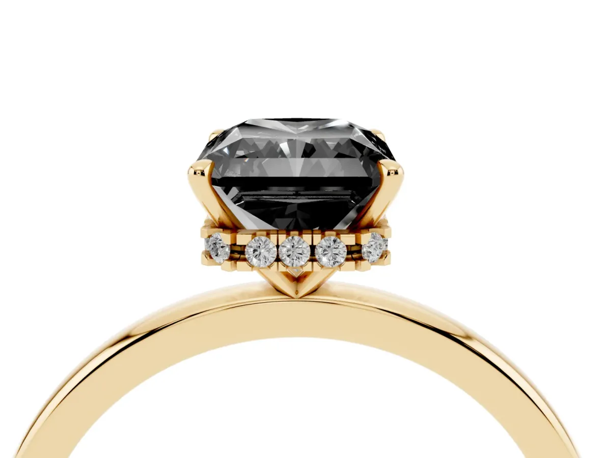 Fancy Black Radiant Cut Solitaire Engagement Ring with Cathedral Band and Four-Prong Setting Yellow gold