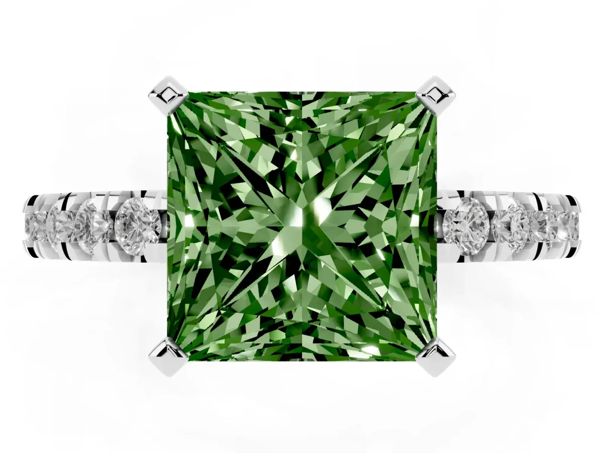 Fancy Green Princess Cut Diamond Pavé Band Solitaire with Four-Prong Setting White gold