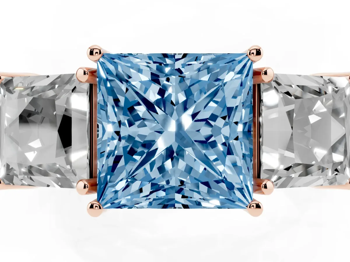Fancy Blue Three-Stone Princess Cut Cut Milgrain Pavé Engagement Ring Rose gold