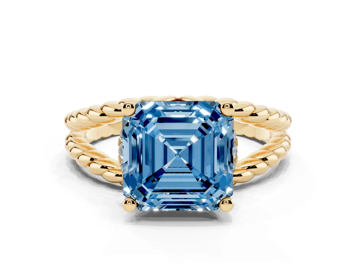 Fancy Blue Asscher Cut Halo Twisted Band Four-Prong Ring Yellow gold