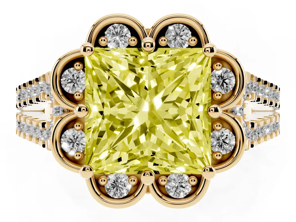 Fancy Yellow Princess Cut Halo Diamond Floral Split Shank Engagement Ring Yellow gold