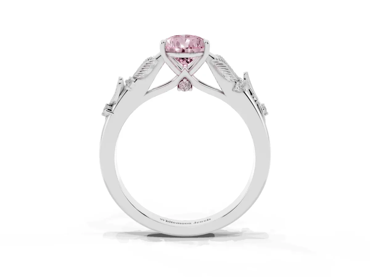 Fancy Pink Pear Cut Diamond Solitaire Ring with Leaf Motif Band and Four-Prong Setting Silver