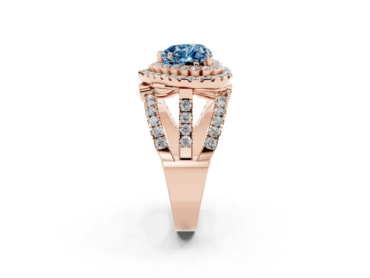 Fancy Blue Heart Cut Diamond Double Halo Ring with Round Pavé Split Shank and Prong Setting Rose gold