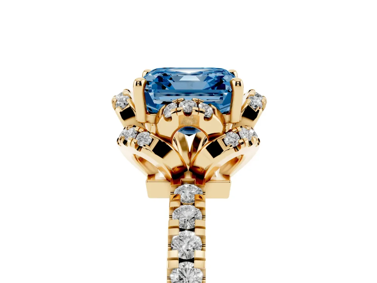 Fancy Blue Asscher Cut Diamond Halo Pave Band with Four-Prong Setting Yellow gold