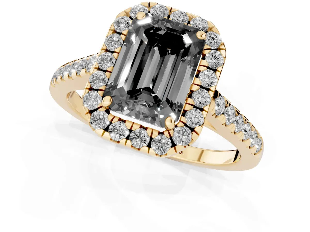 Fancy Black Emerald Cut Halo Pave Diamond Engagement Ring with Four-Prong Setting Yellow gold
