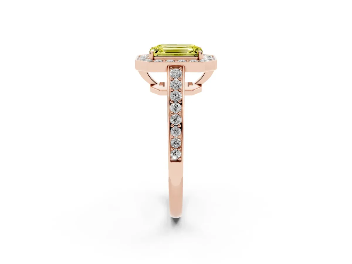Fancy Yellow Emerald Cut Halo Pavé Diamond Engagement Ring with Bezel Setting Rose gold