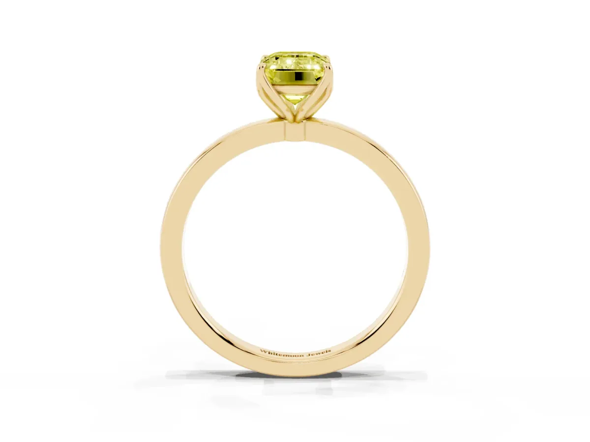 Fancy Yellow Emerald Cut Diamond Solitaire Ring with Thin Band and Prong Setting Yellow gold