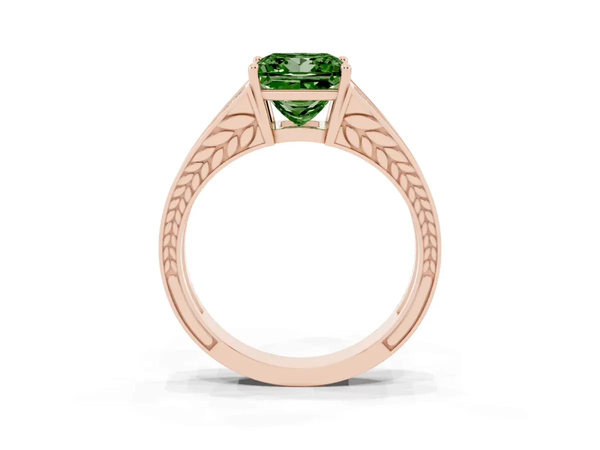 Fancy Green Princess Cut Diamond Split Shank Ring with Pavé Band and Four-Prong Setting Rose gold