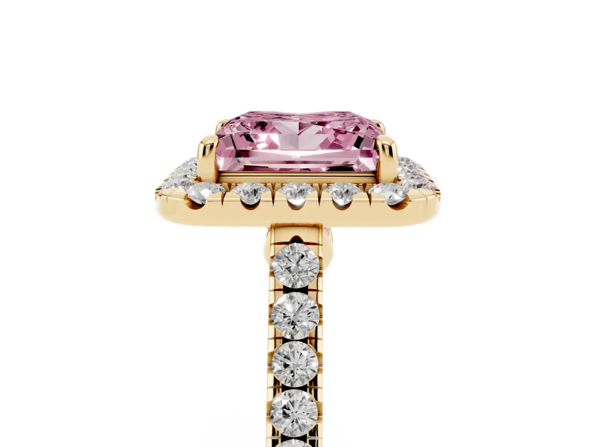 Fancy Pink Princess Cut Halo Pave Diamond Engagement Ring with Four-Prong Setting Yellow gold