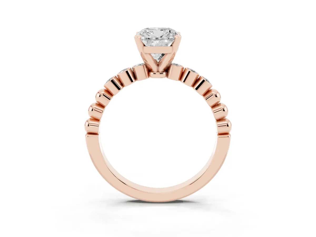 Cushion Cut Solitaire Bezel Accent Diamond Engagement Ring with Beaded Band and Four-Prong Setting Rose gold