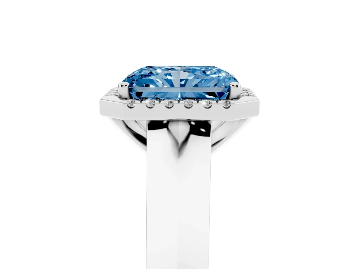 Fancy Blue Radiant Cut Halo Diamond Ring with Cathedral Band and Four-Prong Setting White gold