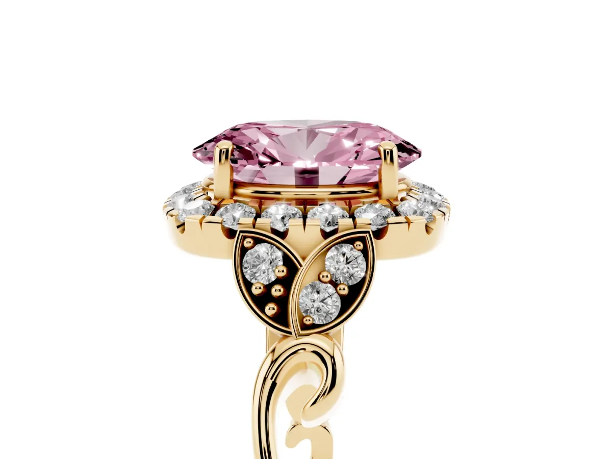 Fancy Pink Oval Cut Halo Diamond Engagement Ring with Vintage-Inspired Band and Four-Prong Setting Yellow gold
