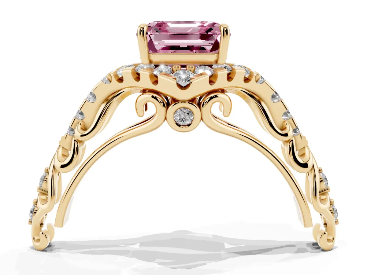 Fancy Pink Asscher Cut Diamond Solitaire Ring with Hidden Halo and Pavé Band Yellow gold