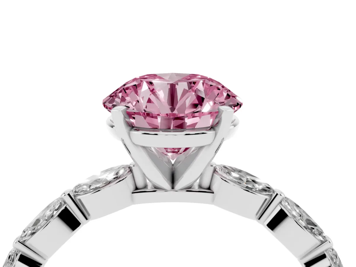 Fancy Pink Round Cut Diamond Ring with Marquise Side Stones and Prong Setting Silver