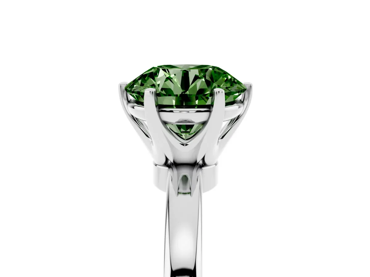 Fancy Green Round Cut Solitaire Diamond Ring with Six-Prong Setting on a Classic Band Silver