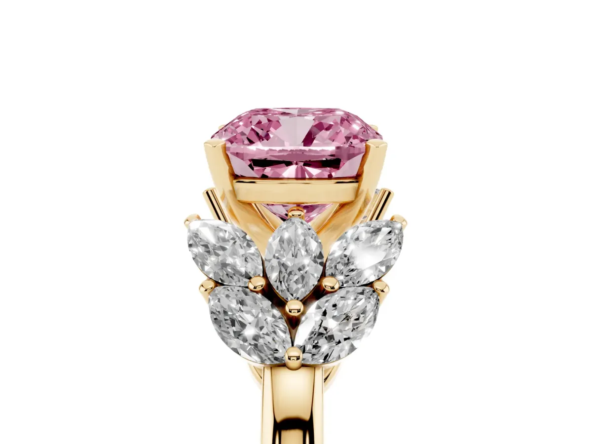 Fancy Pink Cushion Cut Diamond Cluster Leaf Design Ring with Prong Setting Yellow gold