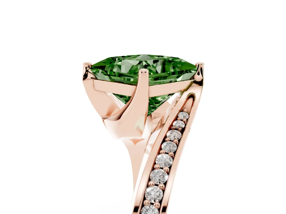 Fancy Green Princess Cut Solitaire Diamond Twist Band with Pavé Setting and Four-Prong Setting Rose gold