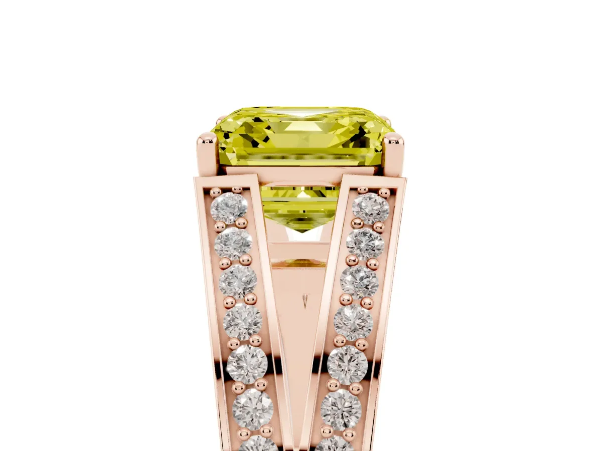 Fancy Yellow Asscher Cut Diamond Split Shank Ring with Pavé Band and Four-Prong Setting Rose gold