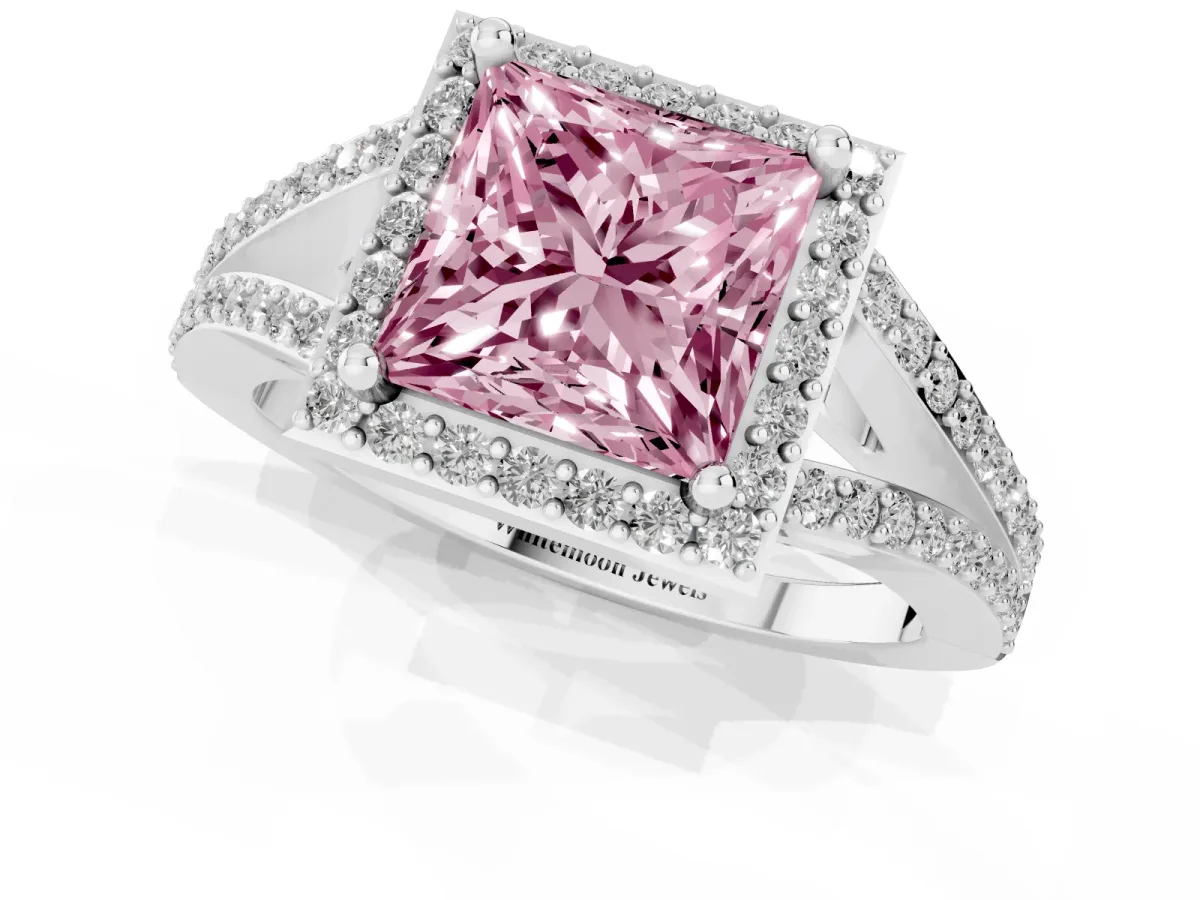 Fancy Pink Princess Cut Halo Split Shank Diamond Ring with Prong Setting Silver