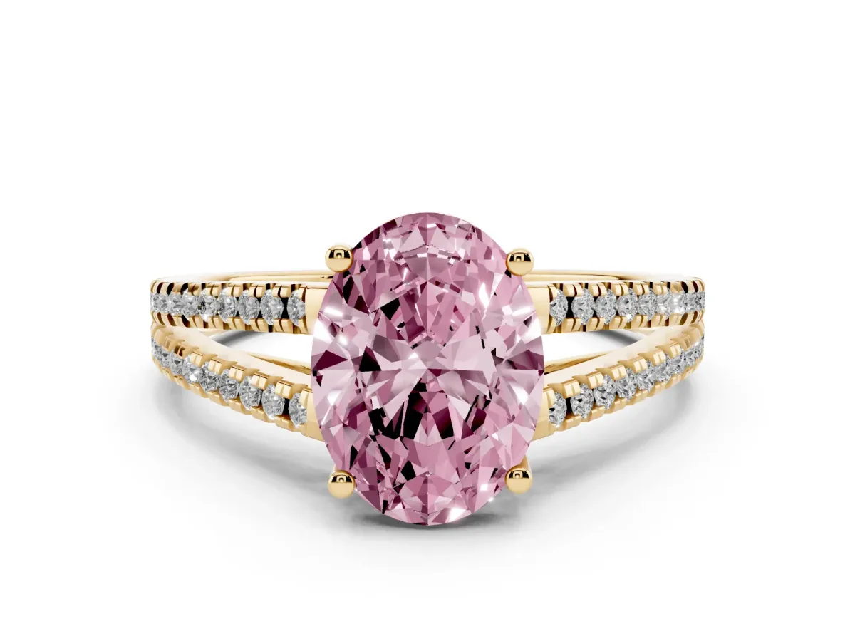 Fancy Pink Oval Cut Diamond Solitaire Engagement Ring with Split Shank Pavé Band Yellow gold