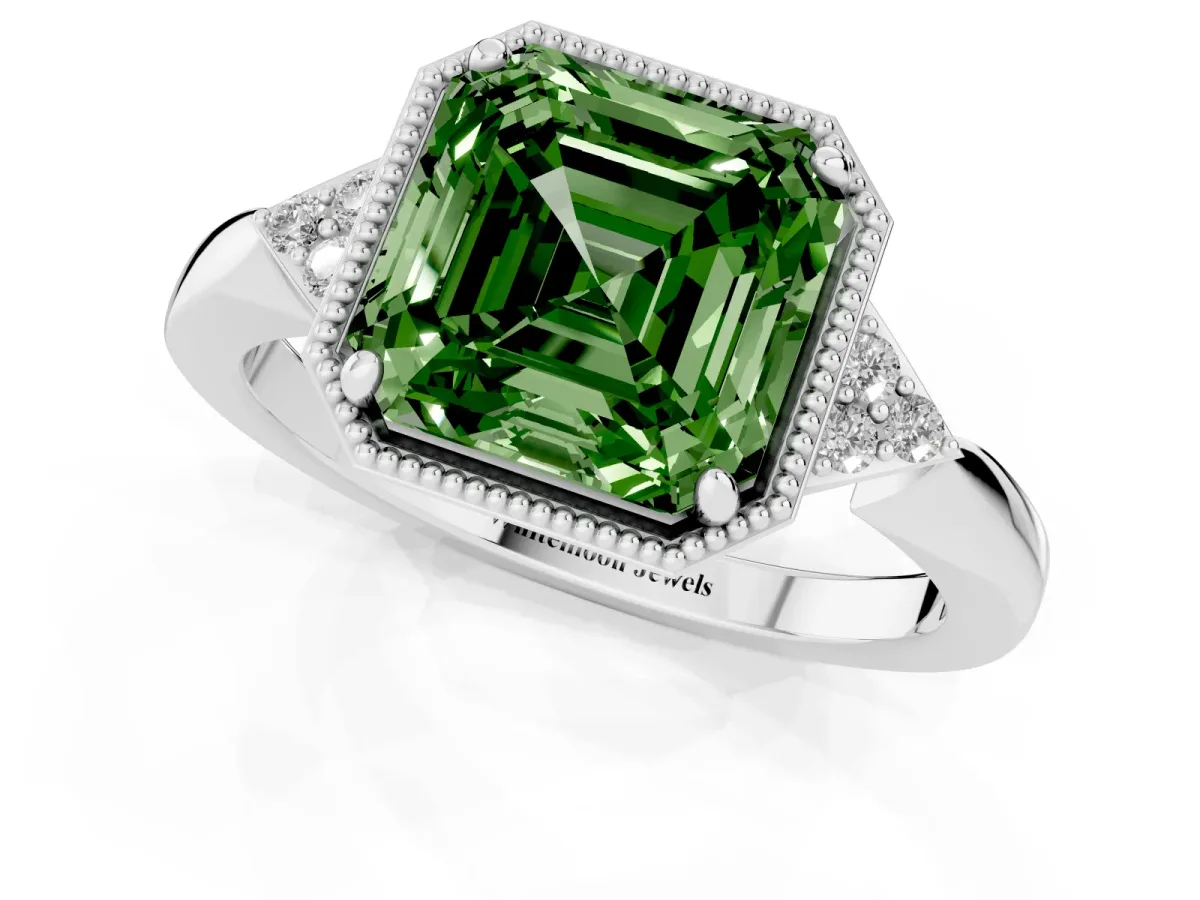 Fancy Green Milgrain Asscher Cut Cut Diamond Ring with Tapered Pave Band and Four Prong Setting Platinum