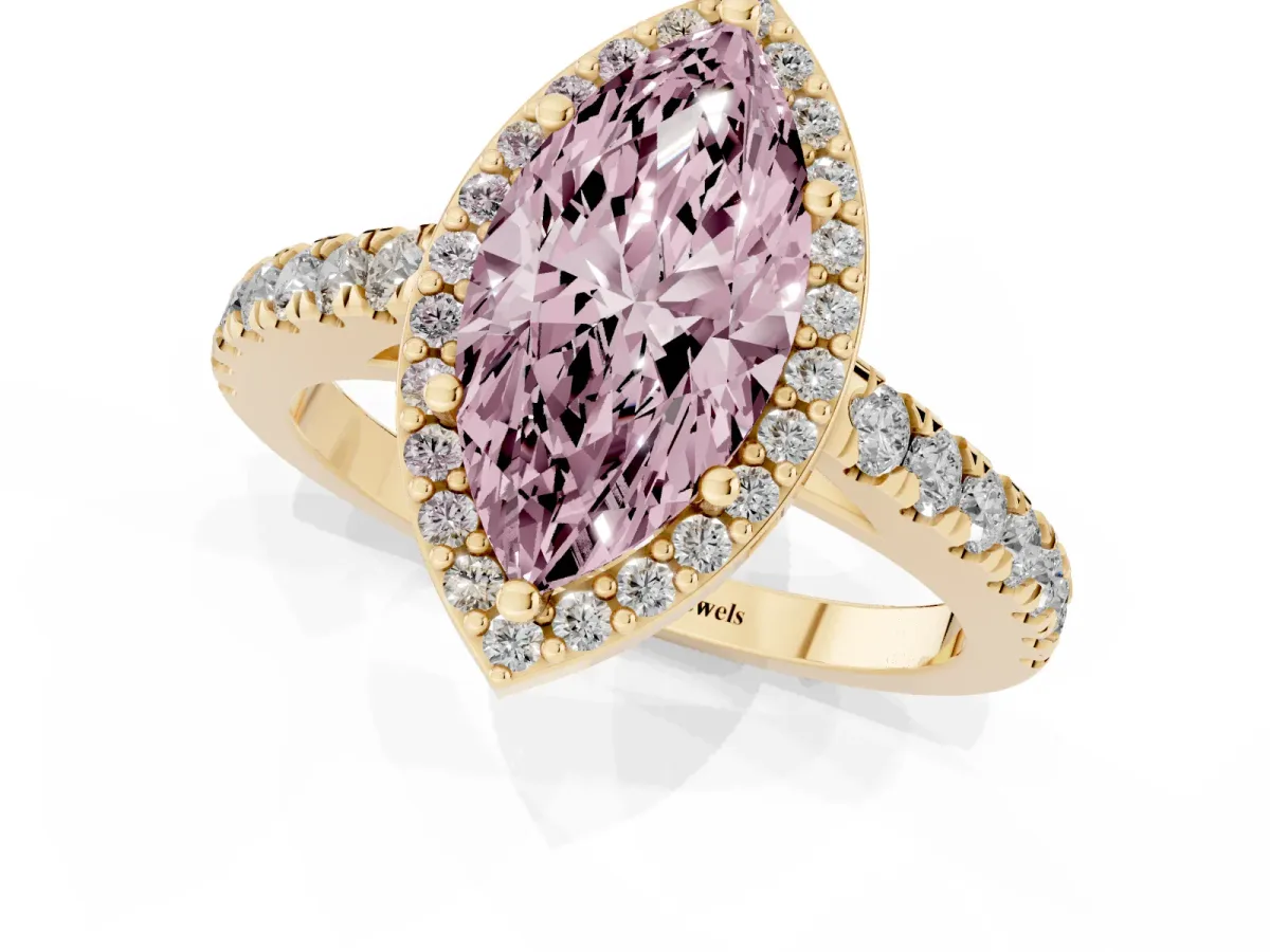 Fancy Pink Marquise Cut Cut Halo Diamond Engagement Ring with Pave Band and Four-Prong Setting Yellow gold