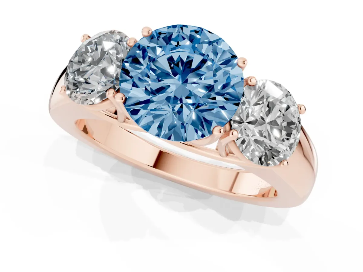 Fancy Blue Three-Stone Round Cut Cut Diamond Ring with Prong Setting and Classic Band Rose gold