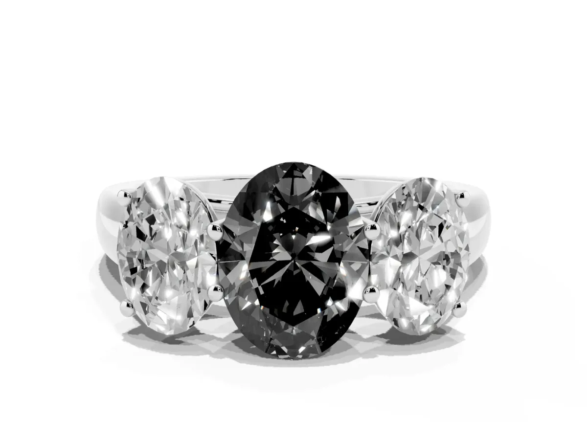 Fancy Black Oval Cut Three-Stone Diamond Ring with Prong Setting on a Classic Band Platinum