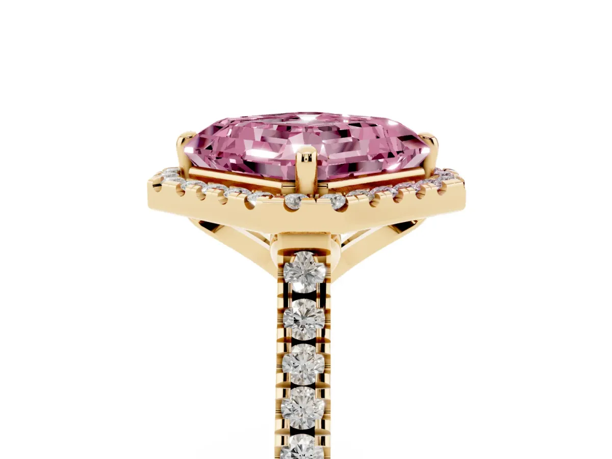 Fancy Pink Asscher Cut Diamond Cushion Halo Ring with Pavé Band Yellow gold