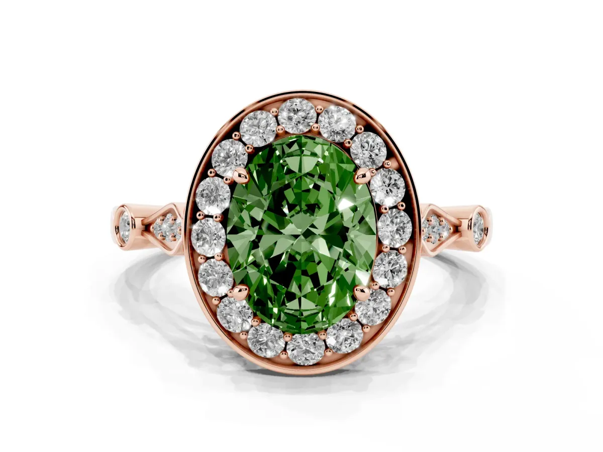Fancy Green Oval Cut Halo Diamond Engagement Ring with Twisted Band and Four-Prong Setting Rose gold