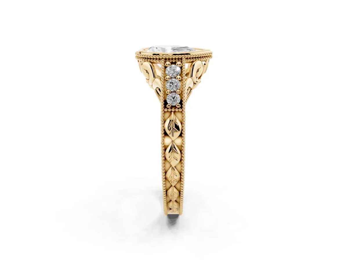Bezel Set Pear Cut Diamond Milgrain Pave Engagement Ring Yellow gold