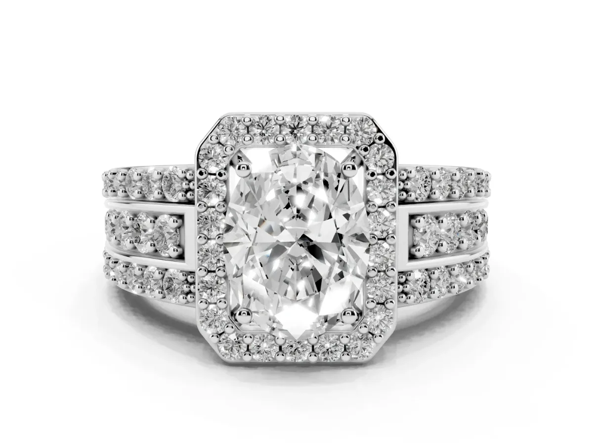 Oval Cut Halo Diamond Ring with Round Split Shank and Prong Setting Platinum