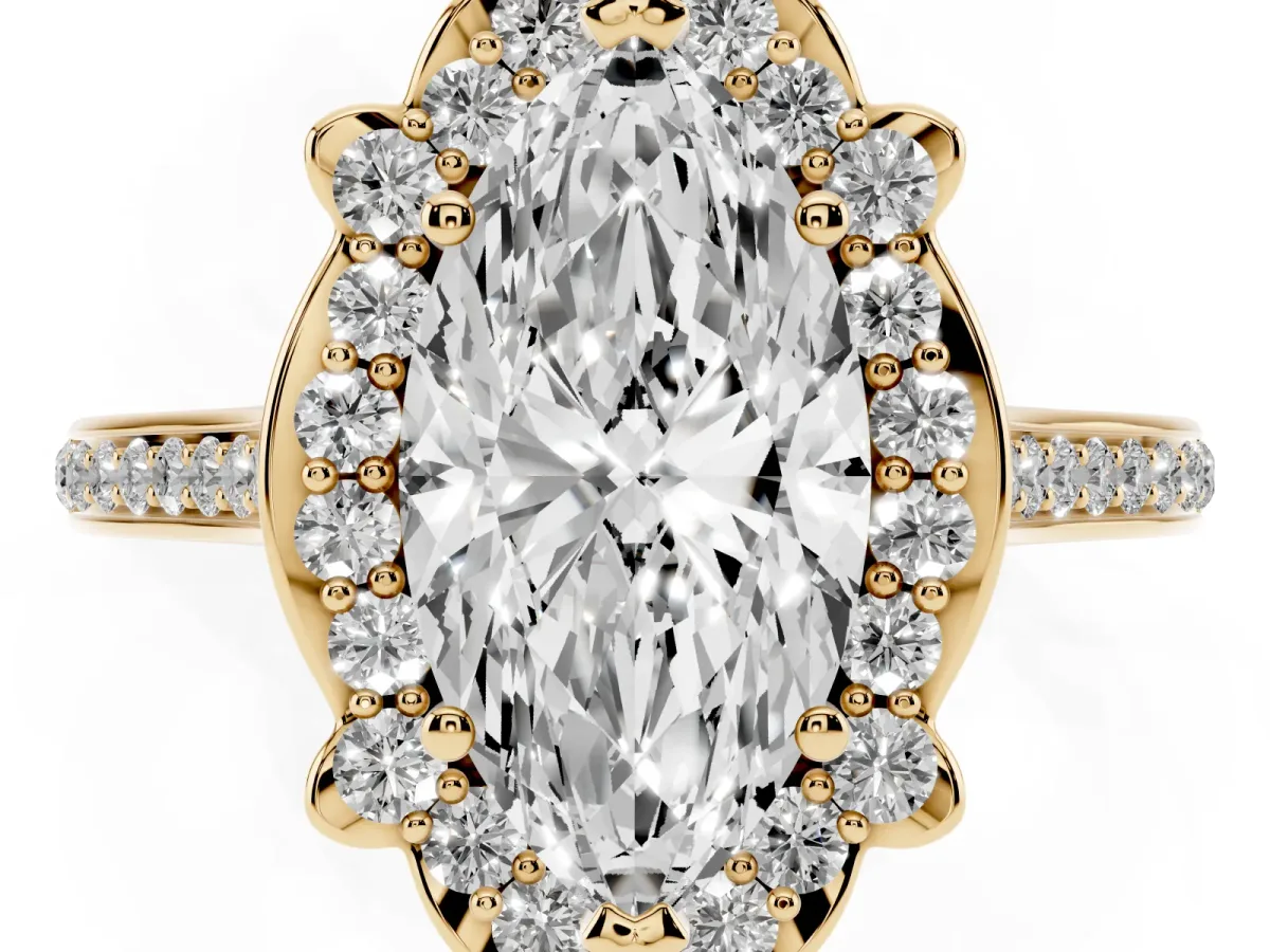 Marquise Cut Halo Round Diamond Pave Band with Four-Prong Setting Yellow gold