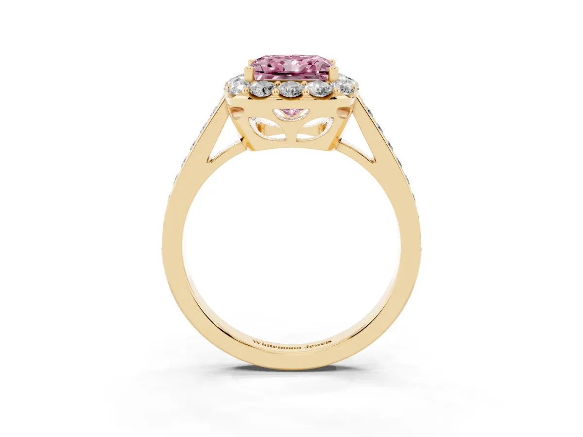Fancy Pink Princess Cut Diamond Floral Halo Ring with Pavé Band and Prong Setting Yellow gold