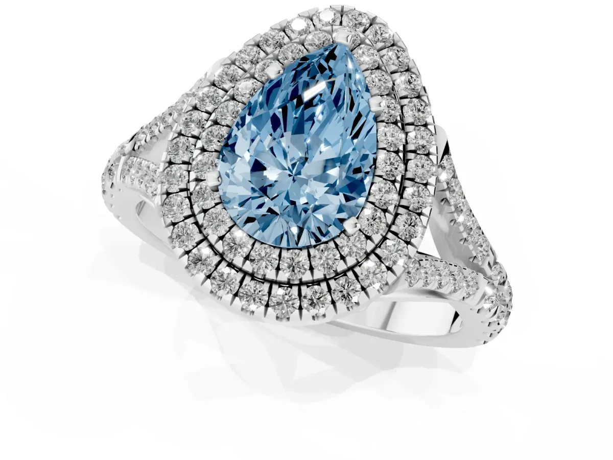 Fancy Blue Pear Cut Diamond Pavé Split Shank Double Halo Engagement Ring Platinum