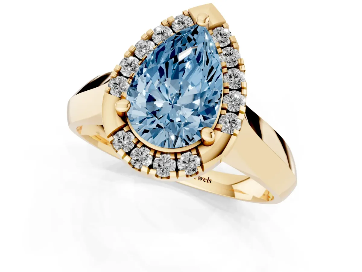Fancy Blue Pear Cut Cut Halo Solitaire Engagement Ring with Square Band and Four-Prong Setting Yellow gold