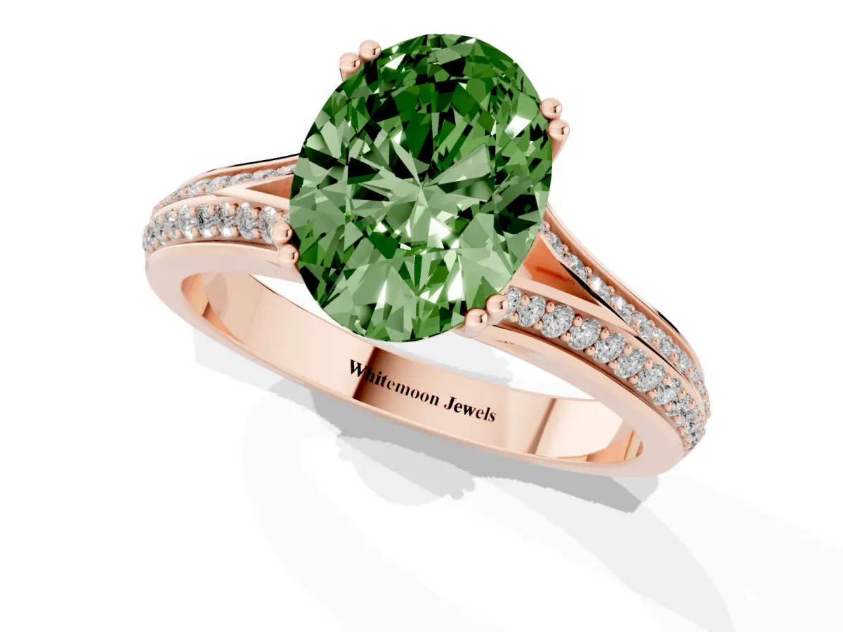 Fancy Green Oval Cut Diamond Split Shank Engagement Ring with Pavé Band Rose gold