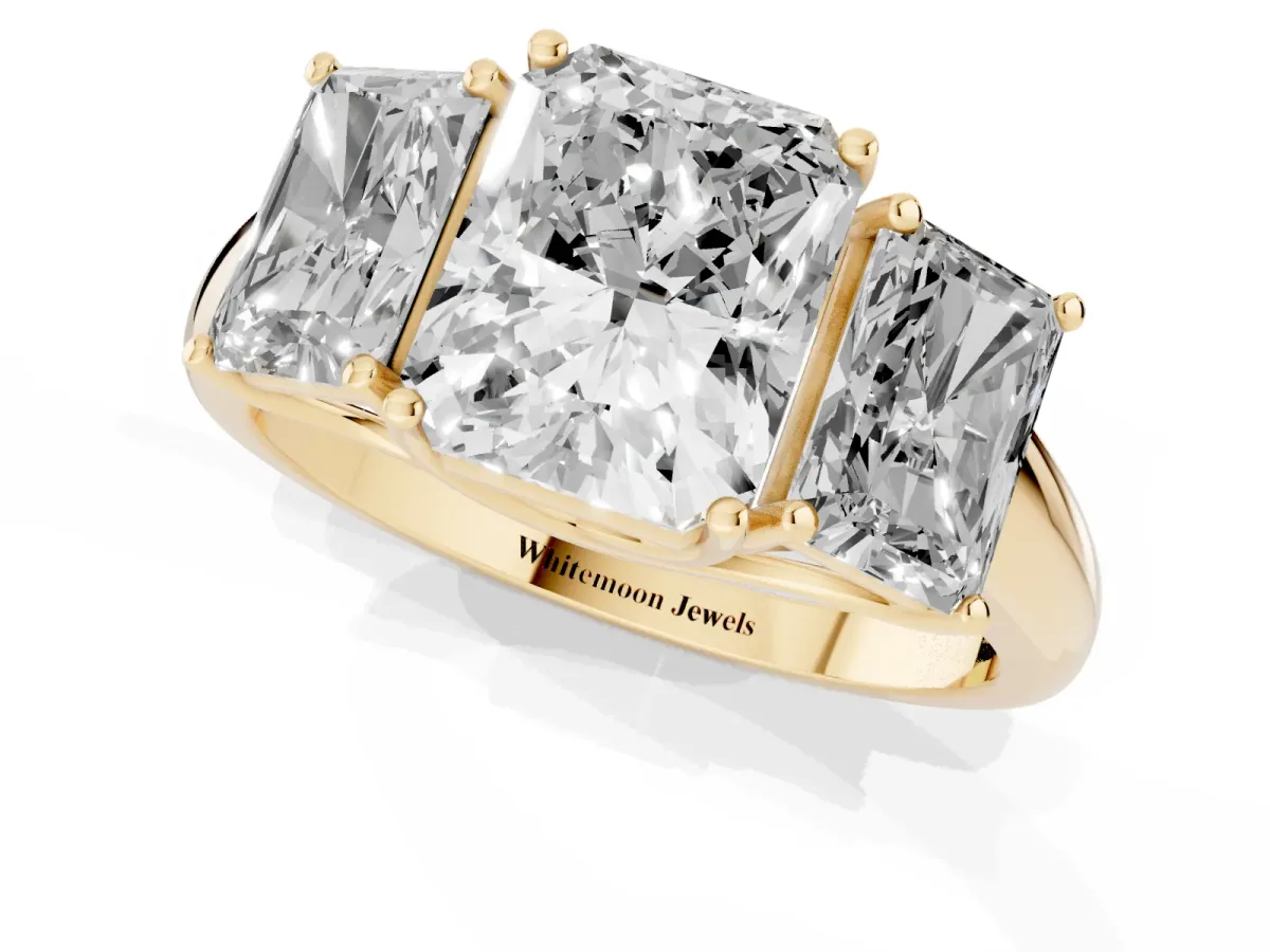 Three-Stone Radiant Cut Diamond Engagement Ring with Prong Setting Yellow gold