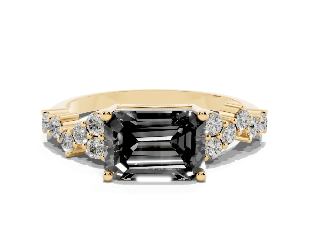 Fancy Black Emerald Cut Diamond Scattered Round Accent Ring with Prong Setting Yellow gold