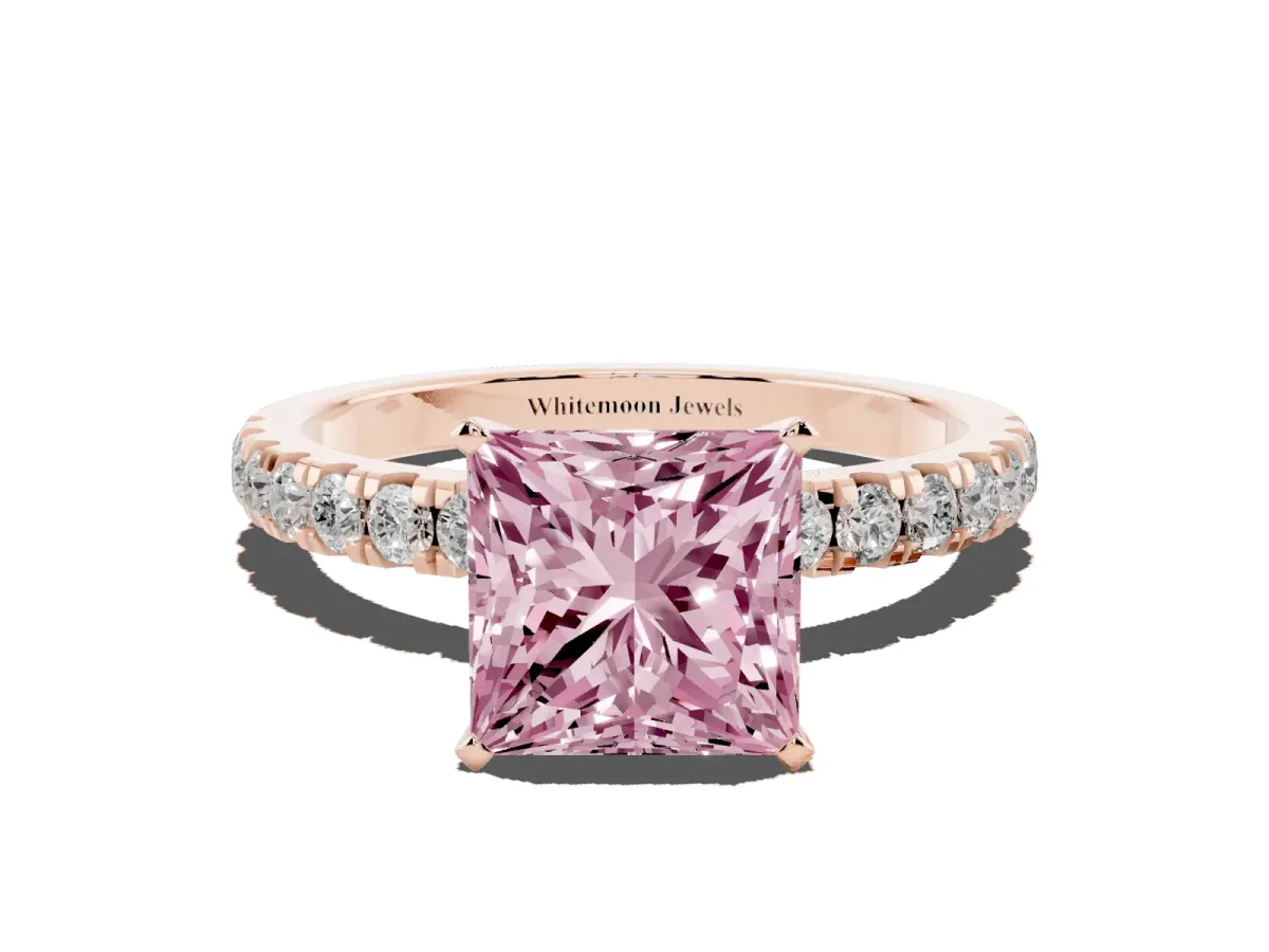 Fancy Pink Princess Cut Diamond Solitaire Ring with Pavé Accents and Four-Prong Setting Rose gold