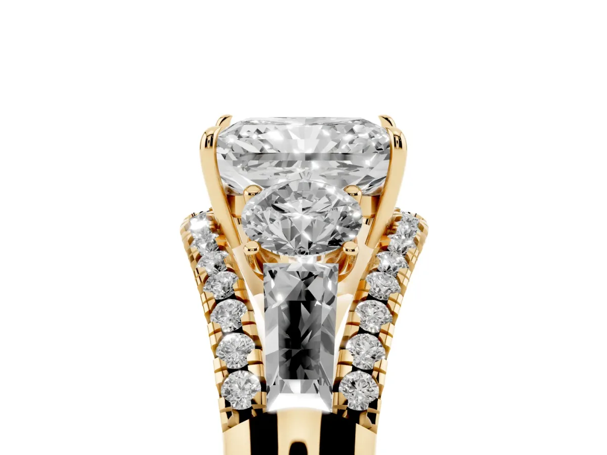 Three-Stone Radiant Cut Diamond Engagement Ring with Pave Band and Prong Setting Yellow gold