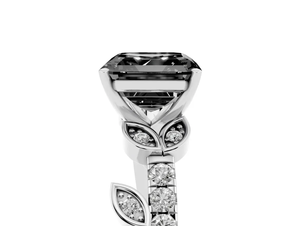 Fancy Black Asscher Cut Solitaire Leaf-Inspired Diamond Ring with Pavé Band and Four-Prong Setting Silver