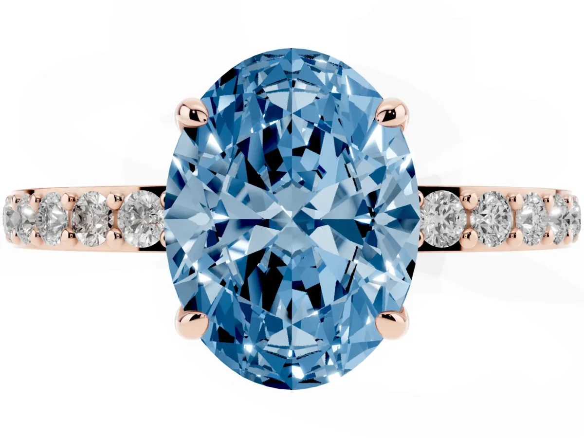 Fancy Blue Oval Cut Diamond Pavé Engagement Ring with Round Accents and Prong Setting Rose gold