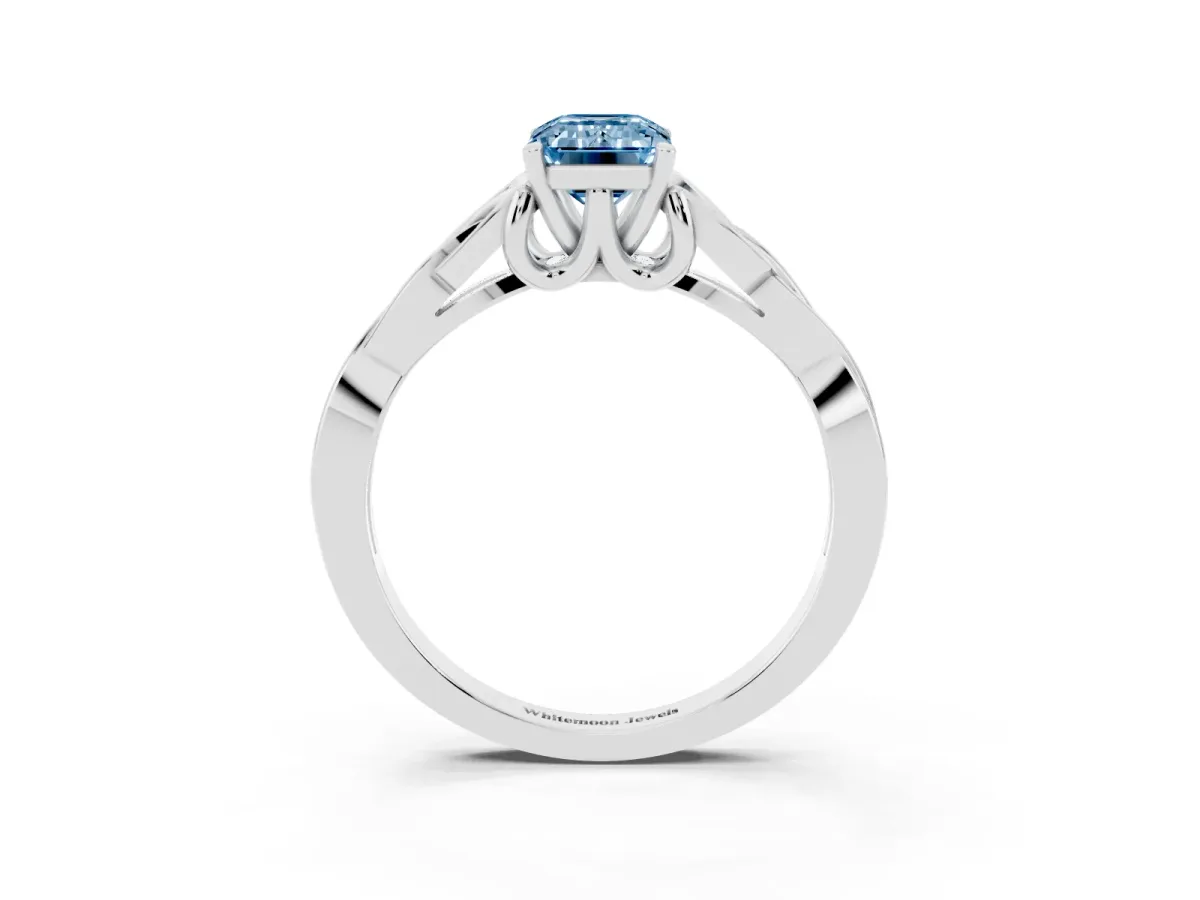 Fancy Blue Emerald Cut Diamond Solitaire Engagement Ring with Celtic Knot Band and Four-Prong Setting Platinum